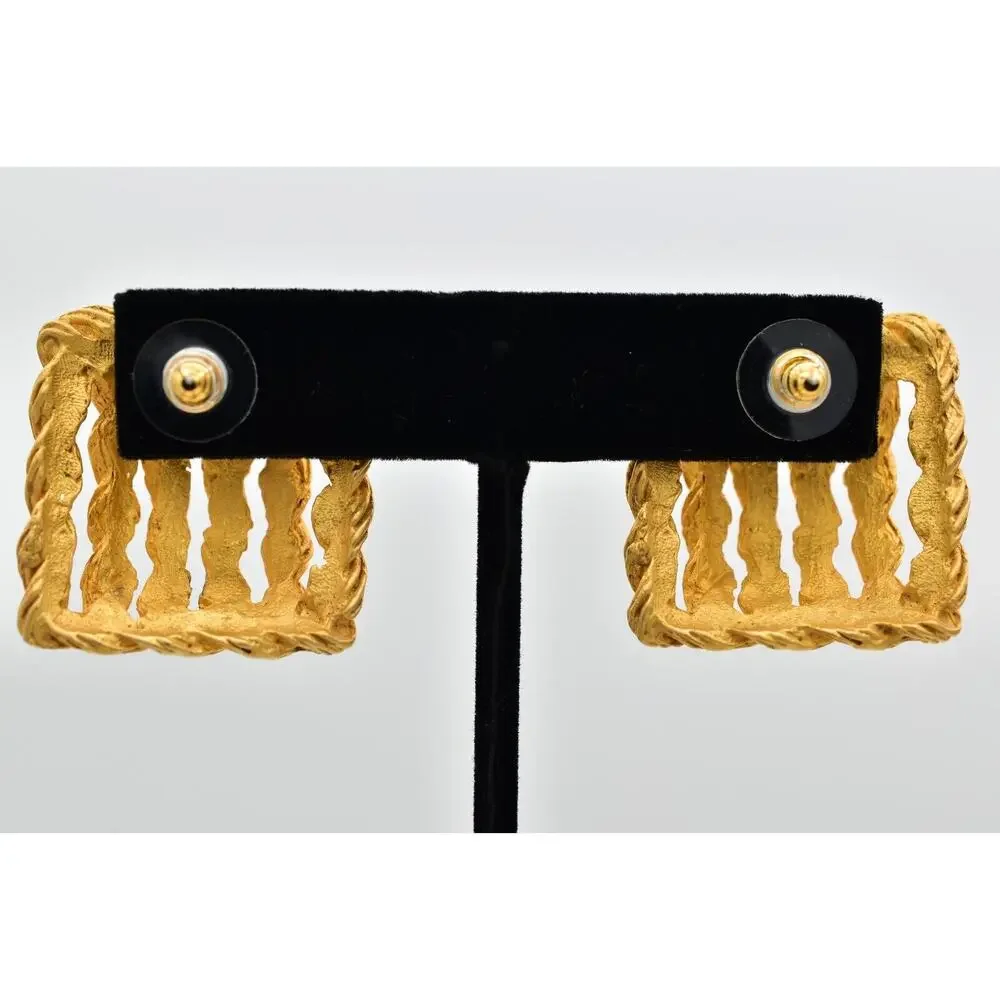 Vintage Square Rope Earrings Dangle Brushed Gold Matte Chunky Bold 1980s BinBK